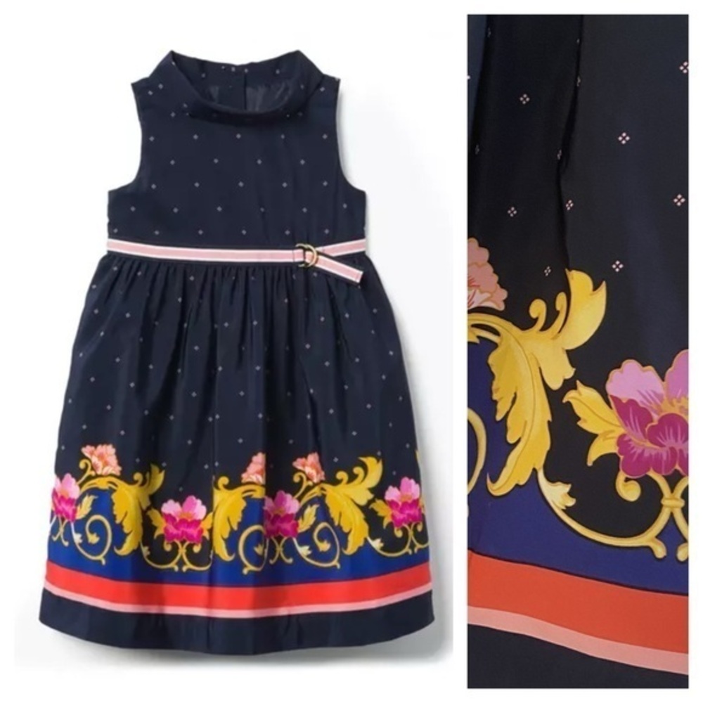 Janie and Jack Navy Blue Floral Scarf Border Dress 4t - Picture 1 of 12